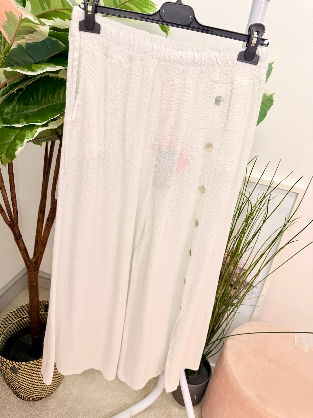 Ladies Fashion Wide Leg Palazzo Teabag Linen Trousers white