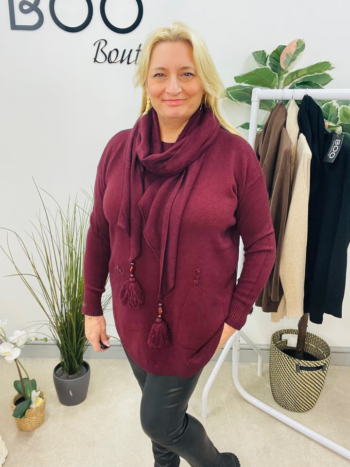 LADIES SOFT KNIT JUMPER & SCARF SET - BURGUNDY, BEIGE, BROWN & BLACK