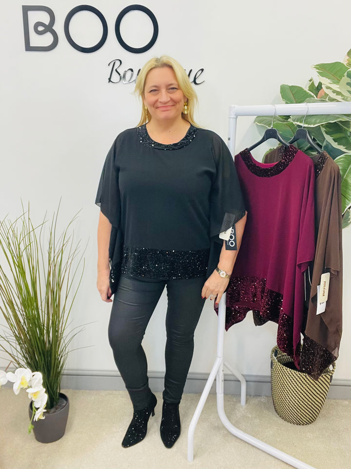 LADIES CHIFFON FLOATY SEQUIN PARTY TOP - BROWN, BLACK, BERRY