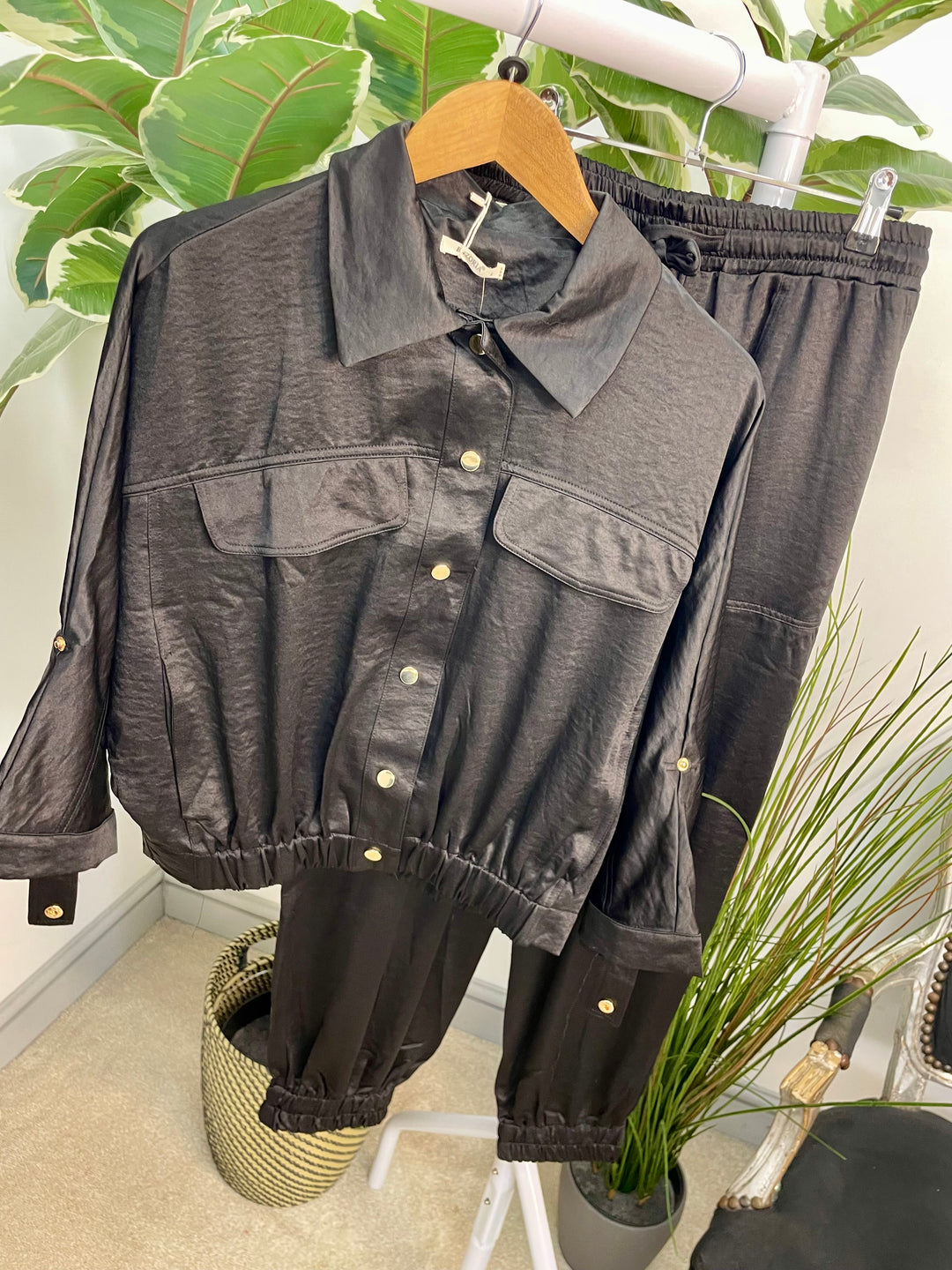 LADIES SATIN BOMBER JACKET JOGGER LEG CO ORD - KHAKI, BLACK & BROWN