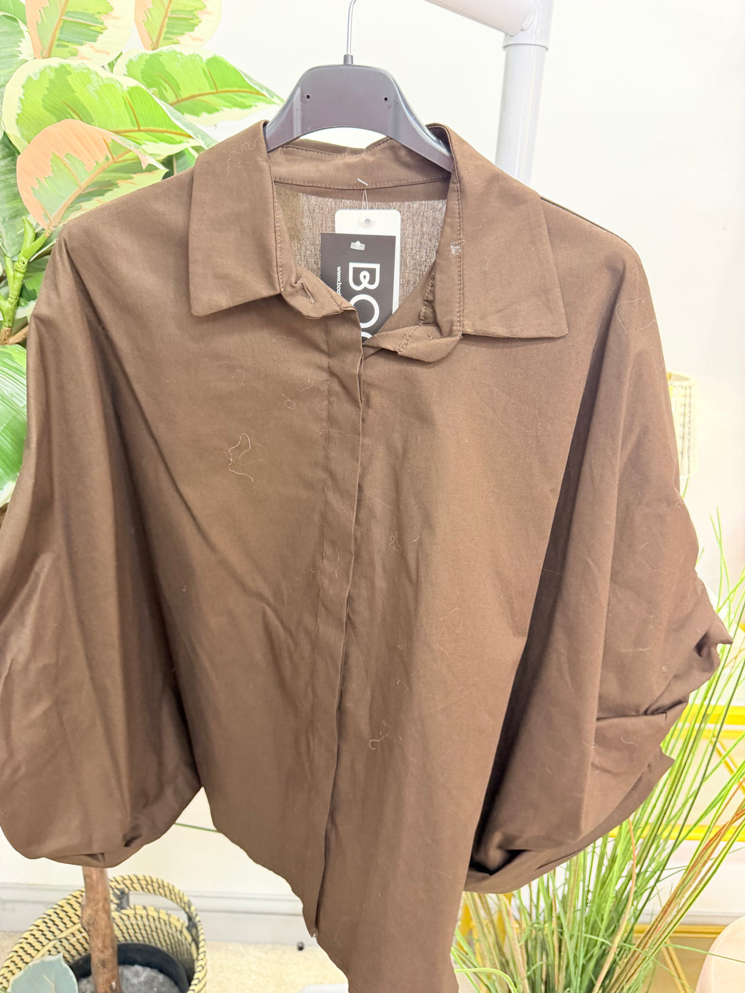 Women's Cotton Puff Sleeve Blouse Shirt Top - White, Burgundy & Brown