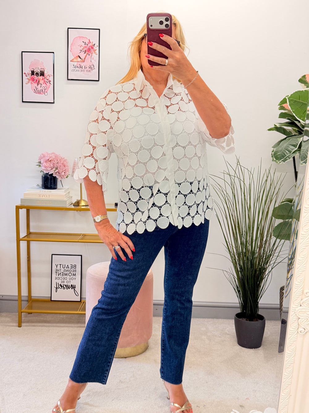 Ladies White Disc Crochet Shirt Top