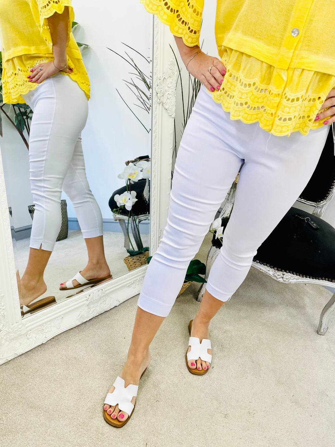 LADIES WOMENS WHITE CROPPED LEG CAPRI PANTS TROUSERS