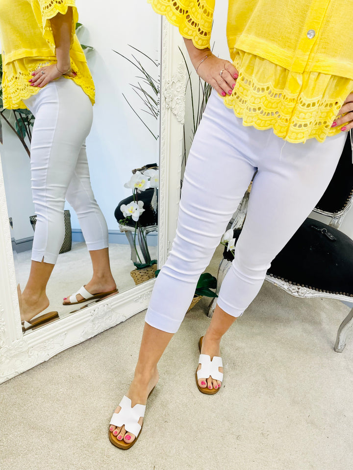 LADIES WOMENS WHITE CROPPED LEG CAPRI PANTS TROUSERS
