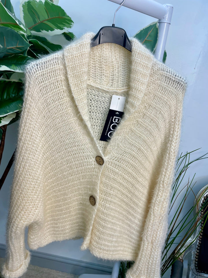 LADIES FLUFFY KNIT CARDIGAN - KHAKI, NAVY, GREY, BLACK, BEIGE, BROWN