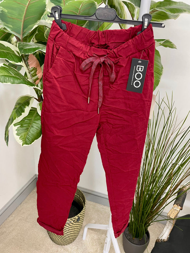 Women’s Stretch Crinkle Magic Trousers wine burgundy