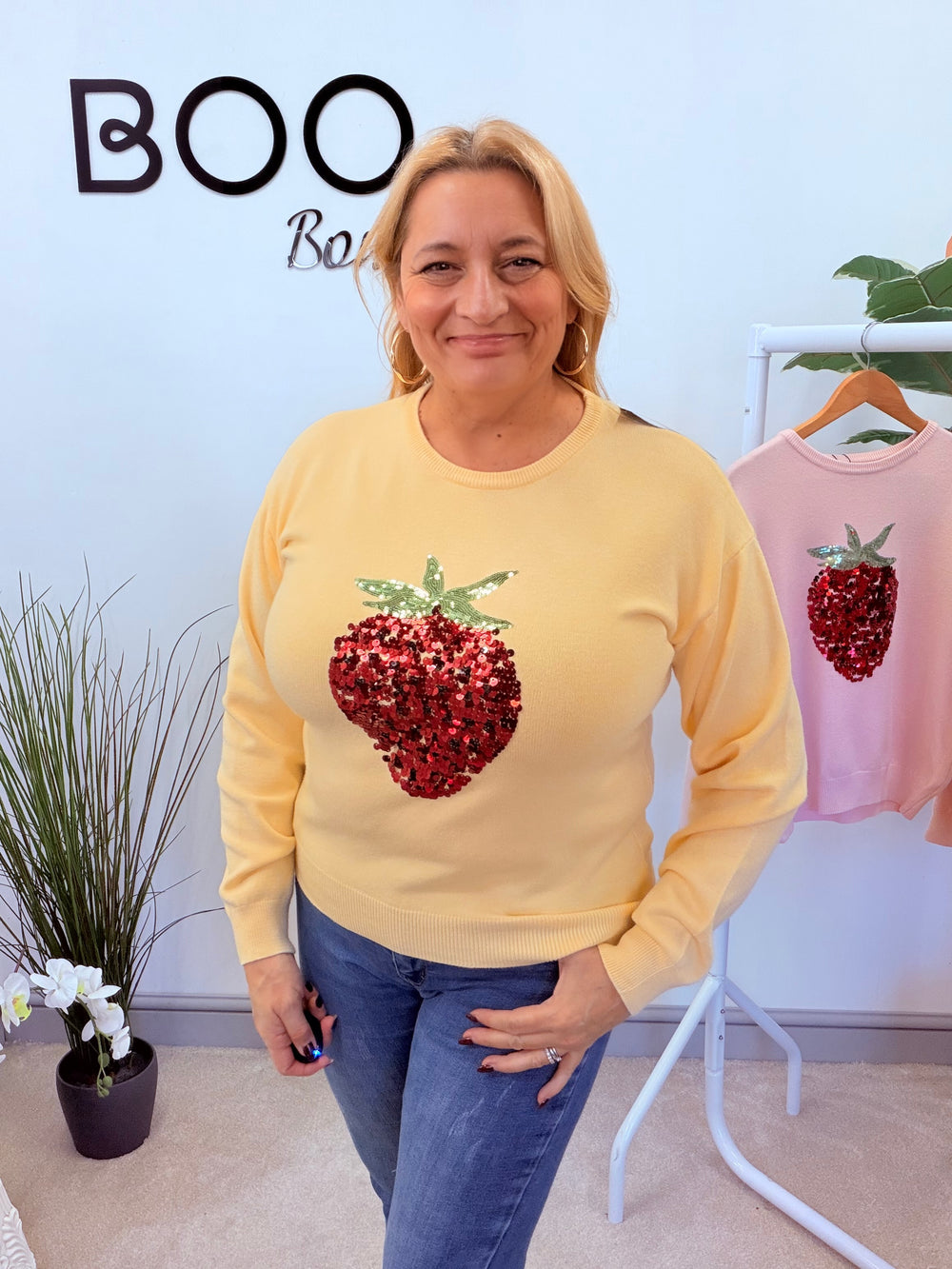 LADIES SEQUIN STRAWBERRY JUMPER - LEMON & PINK