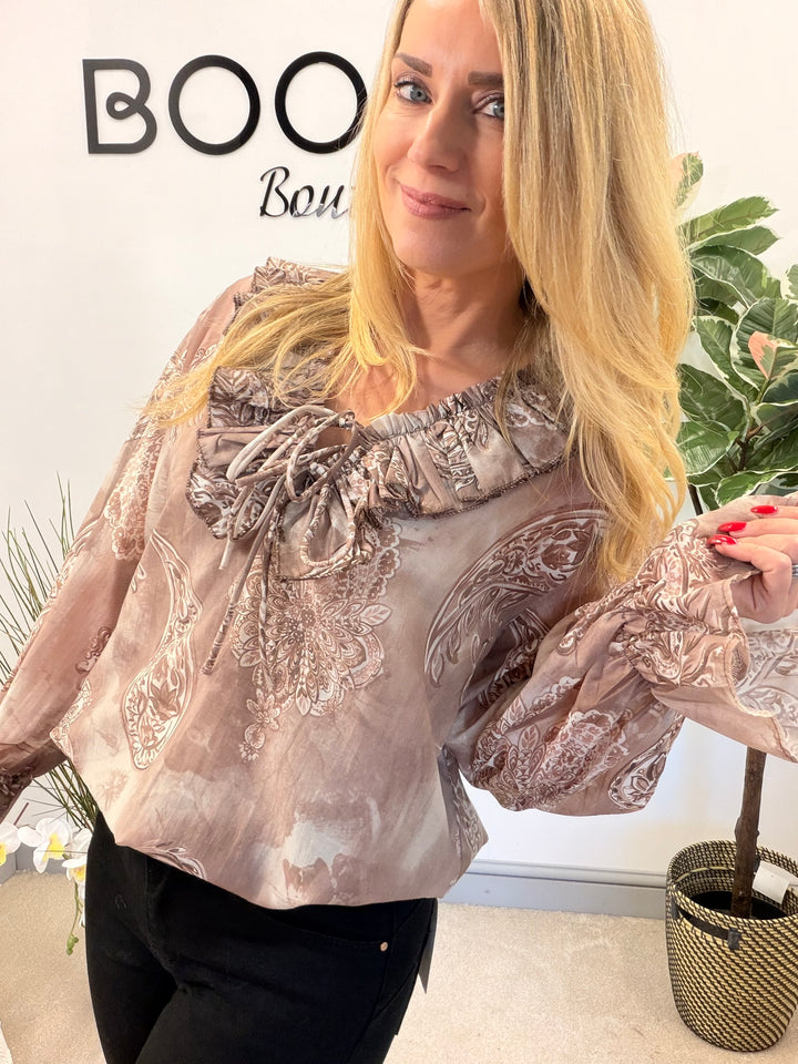 LADIES COTTON PAISLEY PRINT FLOATY BLOUSE - PINK, BEIGE, BLUE, BLACK, MOCHA