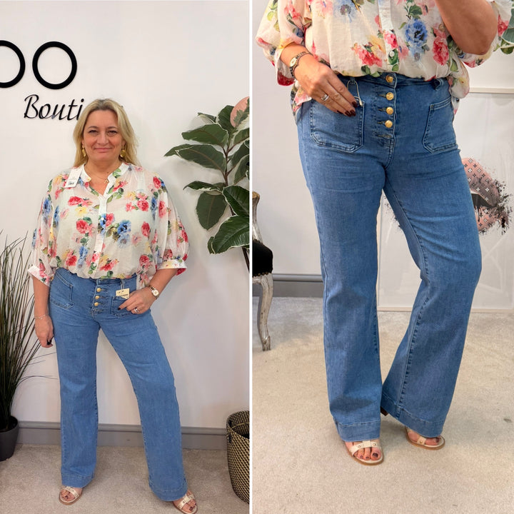 Ladies Fashion Blue Denim Straight Leg Jeans