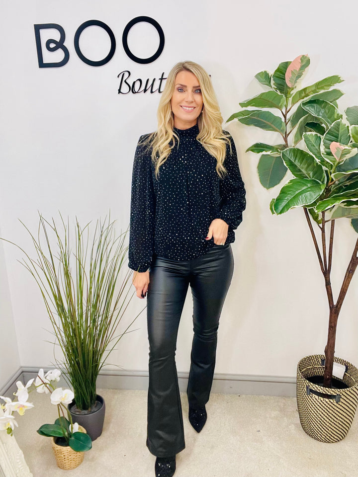 LADIES LUREX BLOUSON HIGH NECK TOP - BLACK & BRONZE