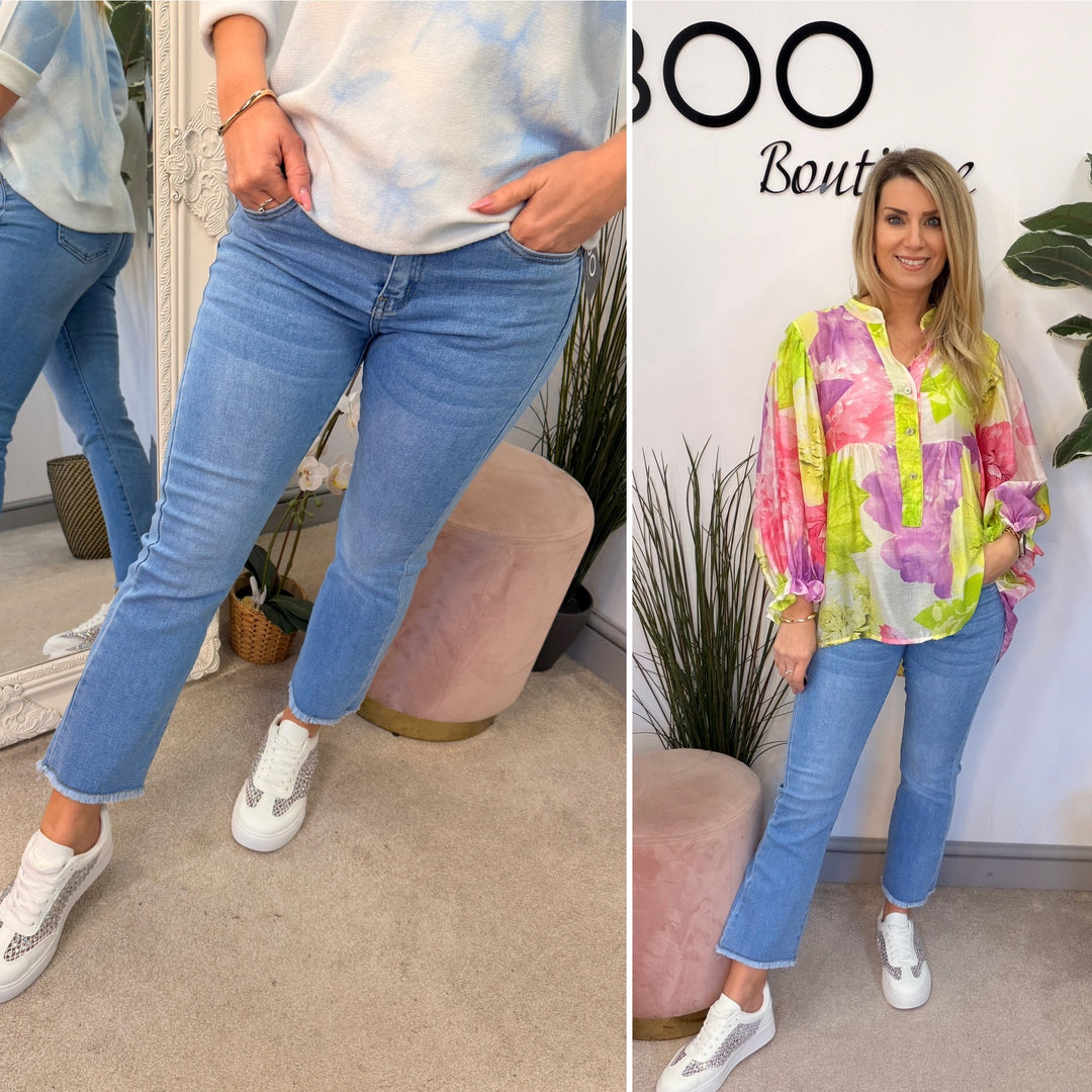 Ladies Fashion Blue Denim Ankle Grazer Jeans