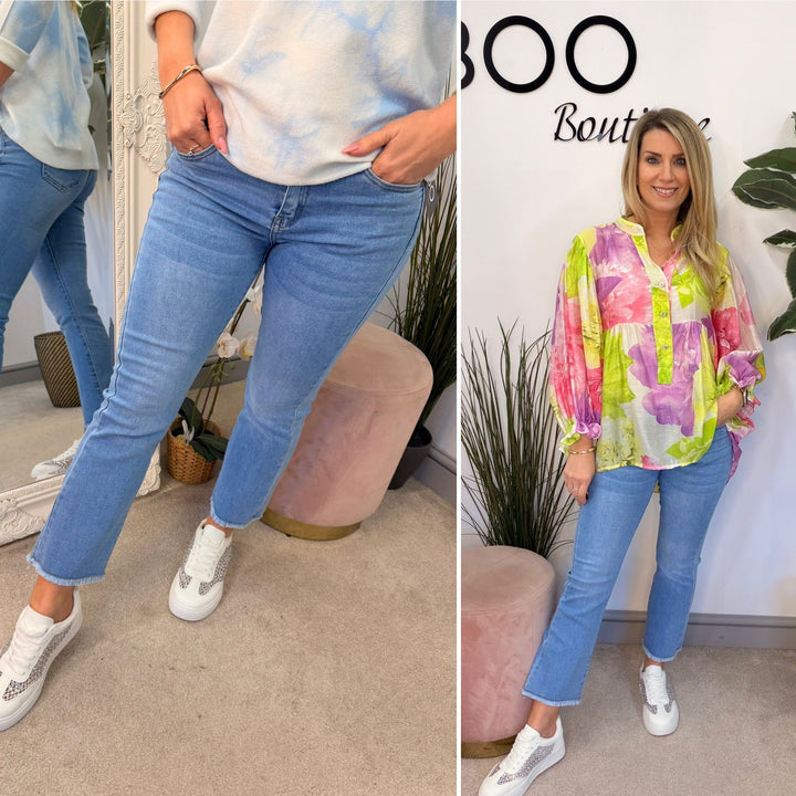 Ladies Fashion Blue Denim Ankle Grazer Jeans