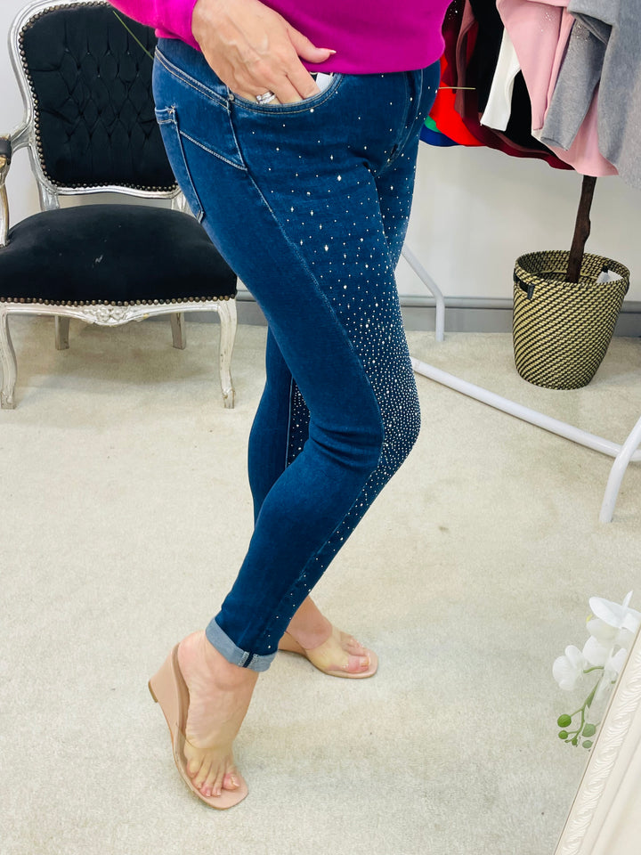 LADIES DIAMANTE SPARKLY BLUE SKINNY JEANS