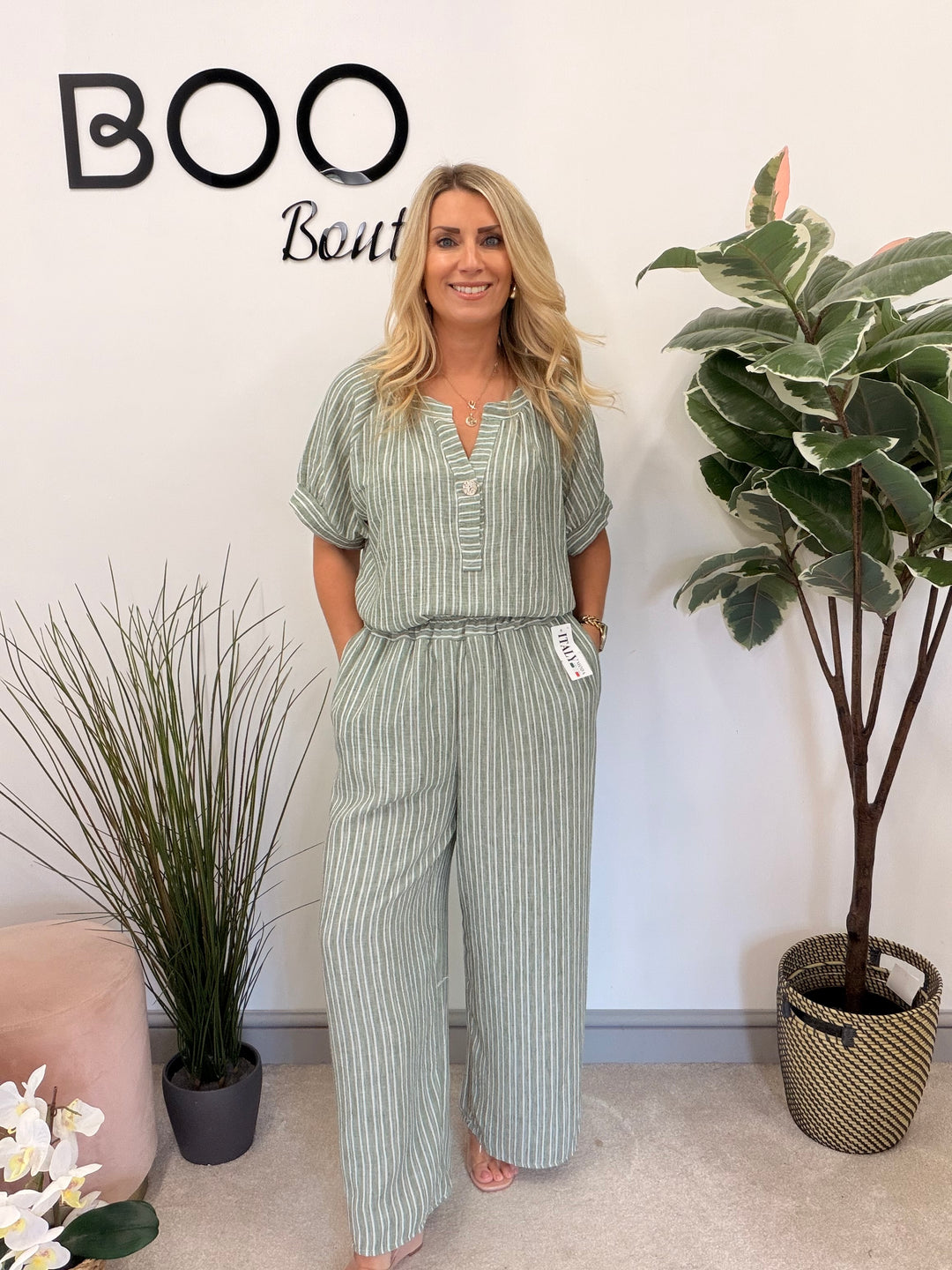 Ladies Fashion Stripe Wide Leg Trouser Co Ord Set - Khaki, Blue, White & Beige