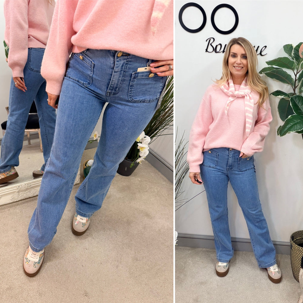 Ladies Fashion Blue Denim Straight Leg Front Pocket Jeans