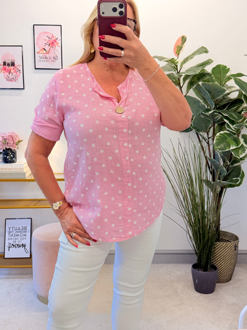 Ladies Polka Dot Light Linen Grandad Top - White & Pink