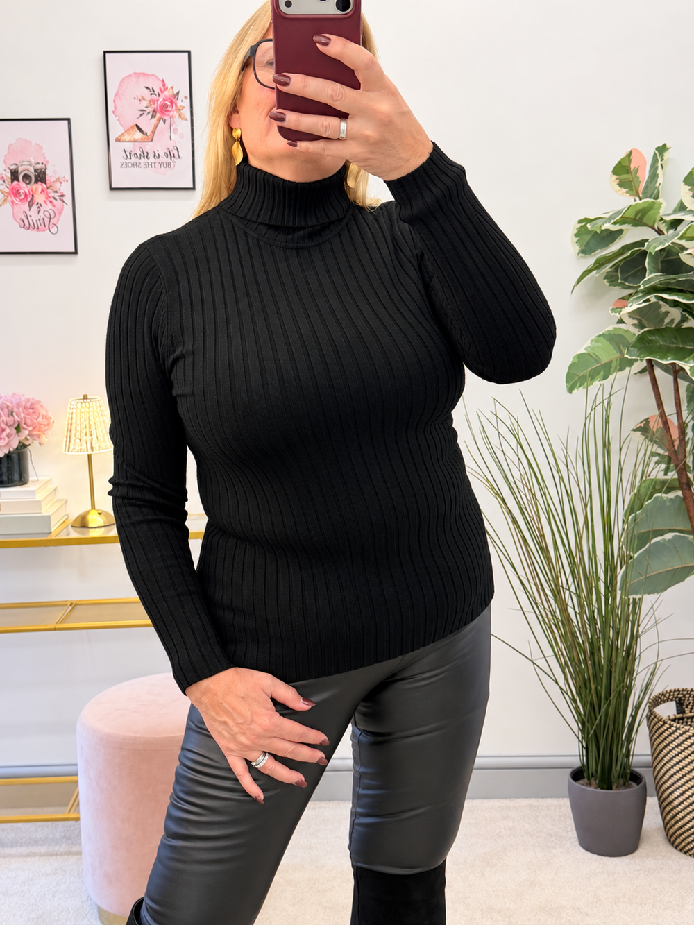 Women’s ribbed knit roll neck jumper black