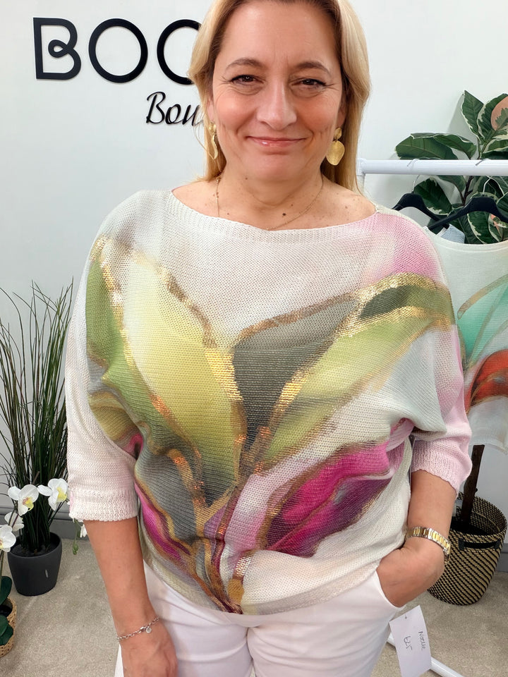 LADIES WHITE BATWING SLEEVE JUMPER - KHAKI, BLUE & GREEN