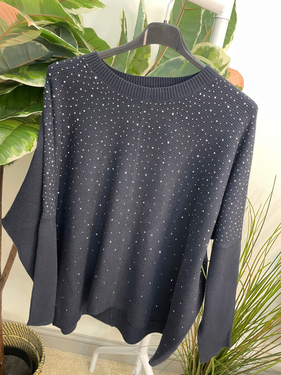 LADIES LOOSE FIT DIAMANTE OVERSIZE JUMPER - BLACK, GREY, NAVY, BROWN