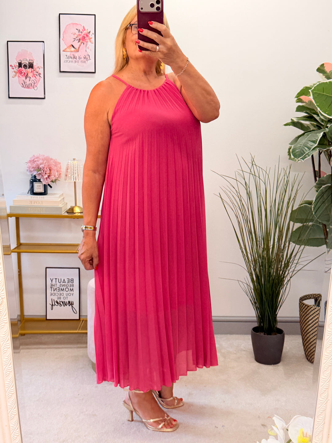 Ladies Chiffon Pleated Summer Maxi Dress - Red, Pink, Navy & White