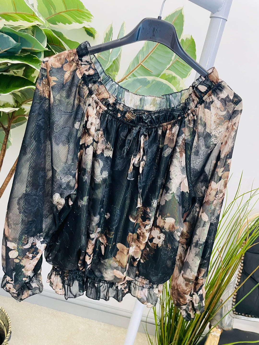 LADIES CHIFFON BARDOT GOING OUT TOP - BURGUNDY, NAVY, BLACK