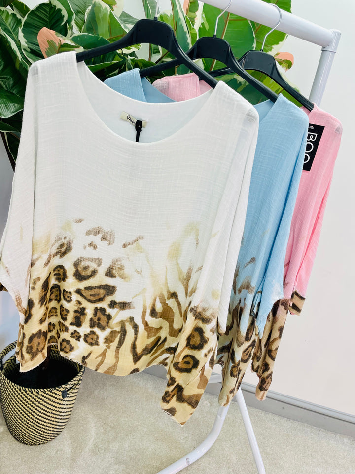 LADIES WOMENS LOOSE FIT ANIMAL LEOPARD PRINT SUMMER TOP - PINK, WHITE, BLUE