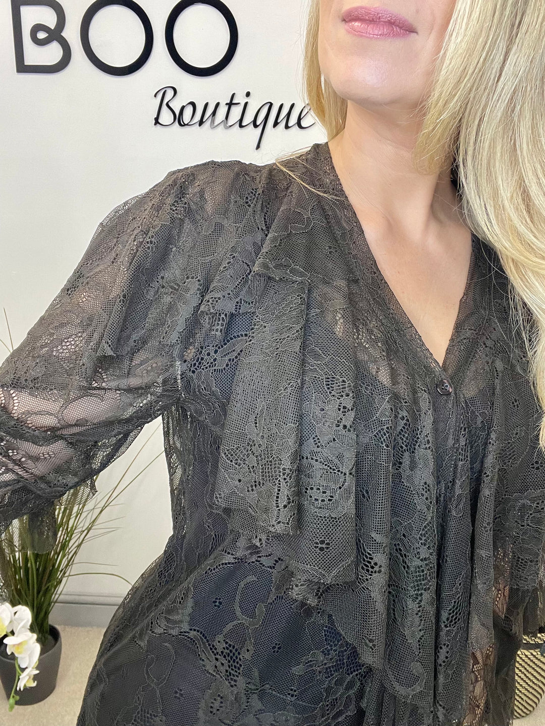 LADIES SHEER NET FRILL BLOUSE SHIRT - BLACK & BROWN