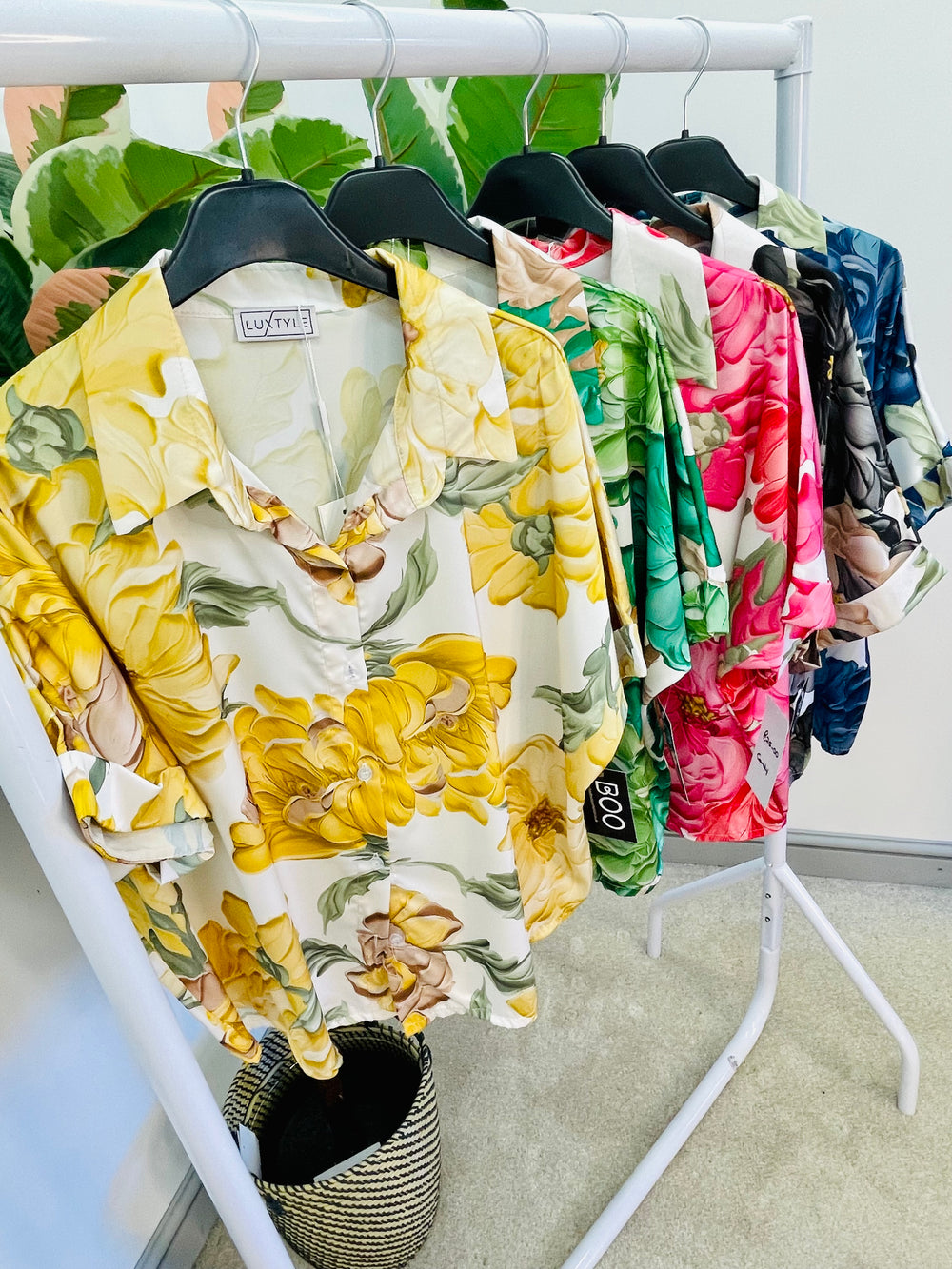 LADIES SATIN FLORAL PRINT BLOUSE TOP - YELLOW, NAVY, BLACK, PINK, GREEN