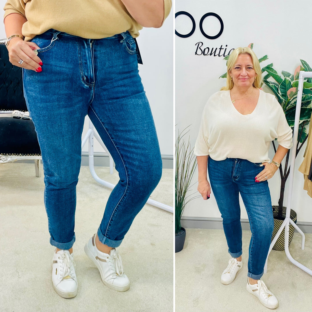LADIES DARK BLUE DENIM MOM FIT JEANS