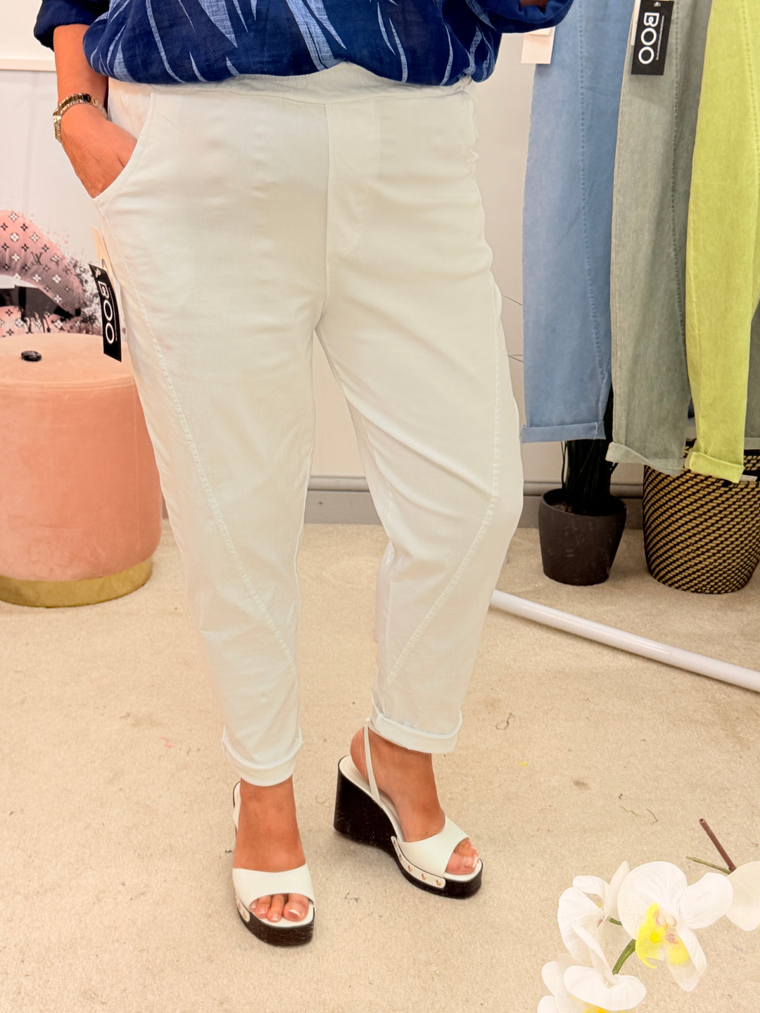 Ladies Fashion Stretch Balloon Leg Magic Trousers - White, Khaki, Denim & Lime