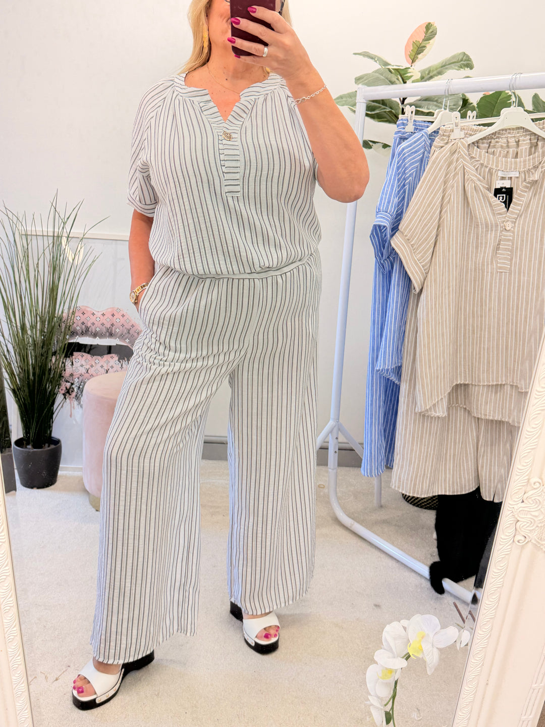 Ladies Fashion Stripe Wide Leg Trouser Co Ord Set - Khaki, Blue, White & Beige