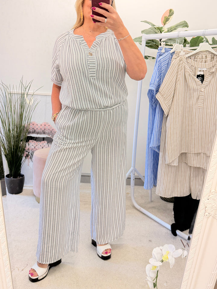 Ladies Fashion Stripe Wide Leg Trouser Co Ord Set - Khaki, Blue, White & Beige