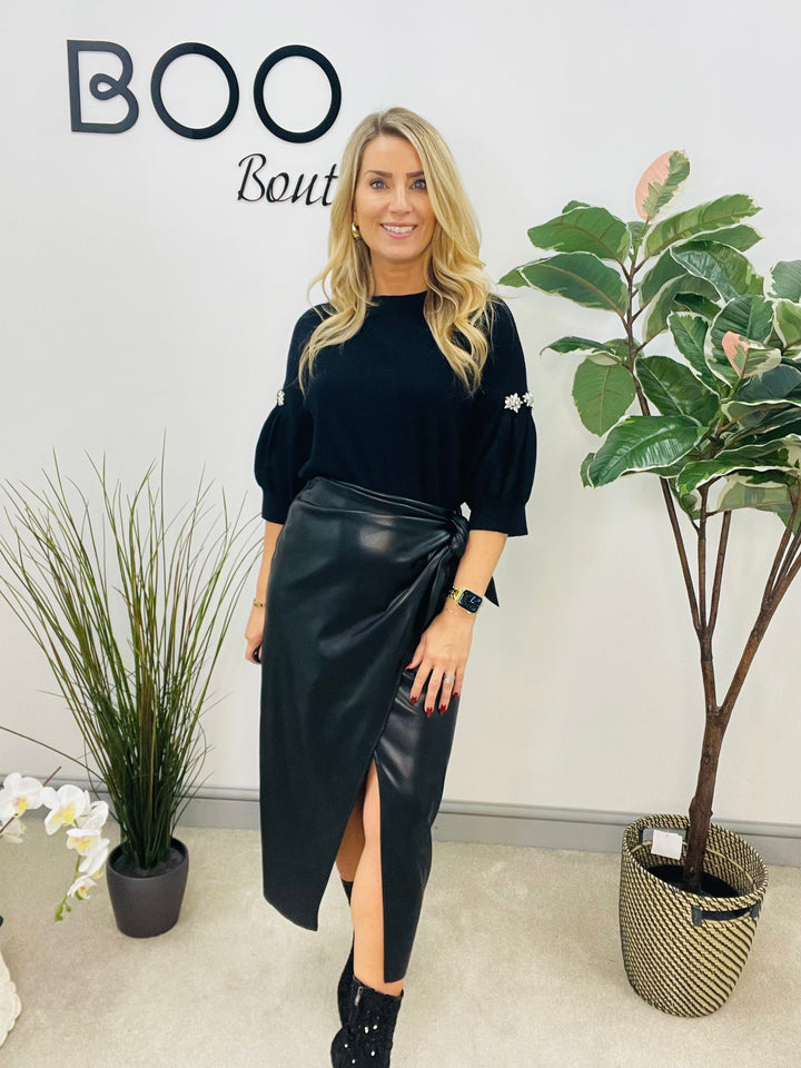 LADIES SOFT KNIT PUFF SLEEVE DIAMANTE JUMPER - BLACK, BURGUNDY, BEIGE & BROWN