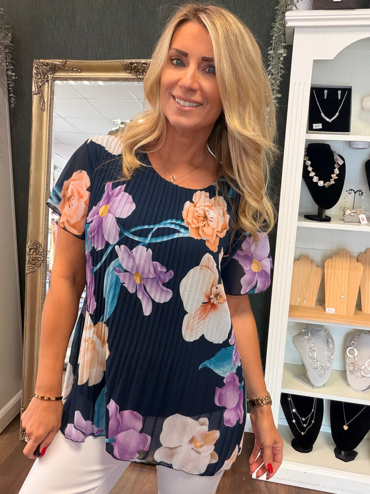 Ladies Pleated Floral Print Chiffon Top - Black, Cream, Blue, Lemon, Pink, Navy, Brown