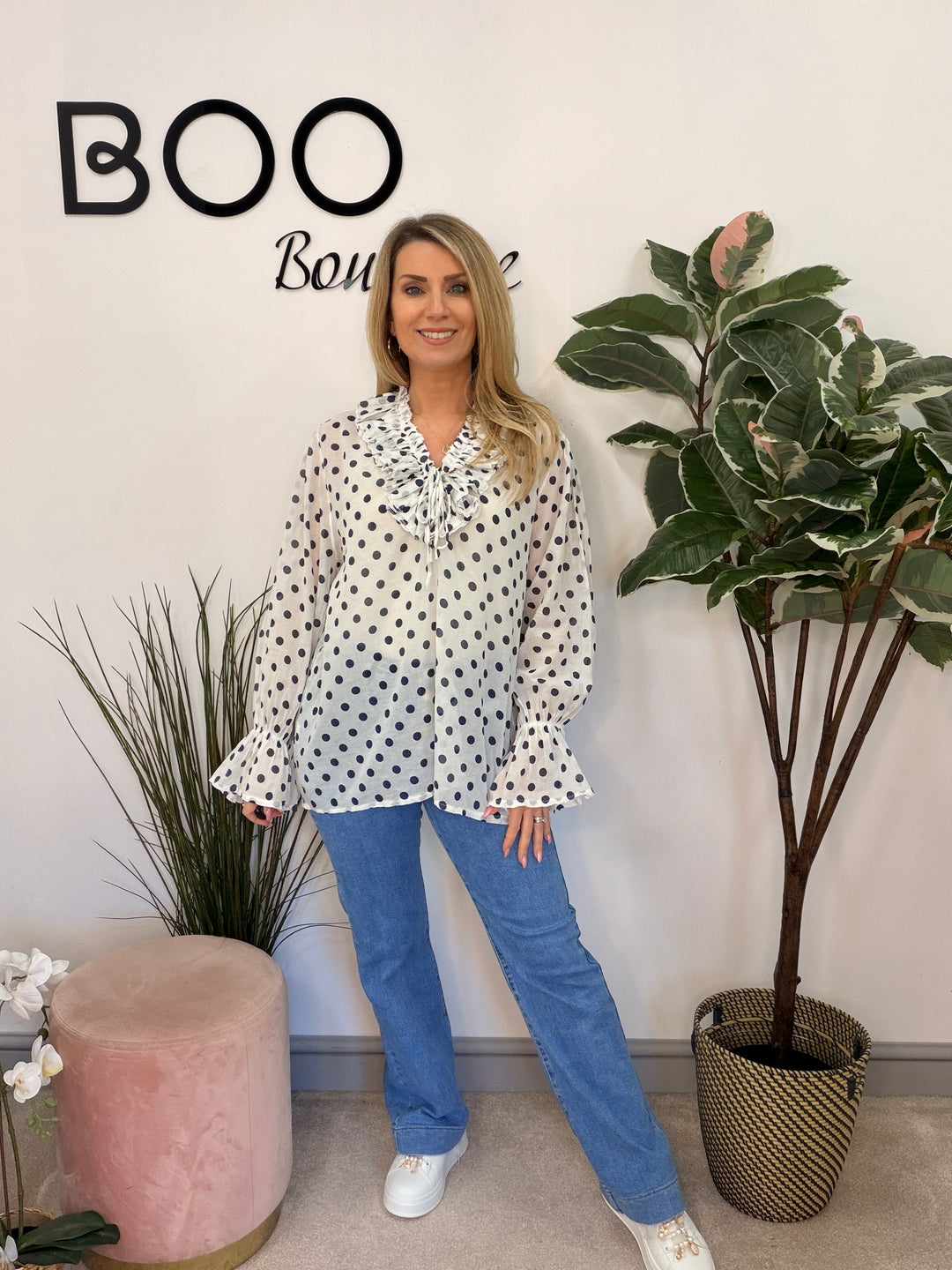 Ladies Fashion White Cotton Polka Dot Pretty Blouse - pink & navy