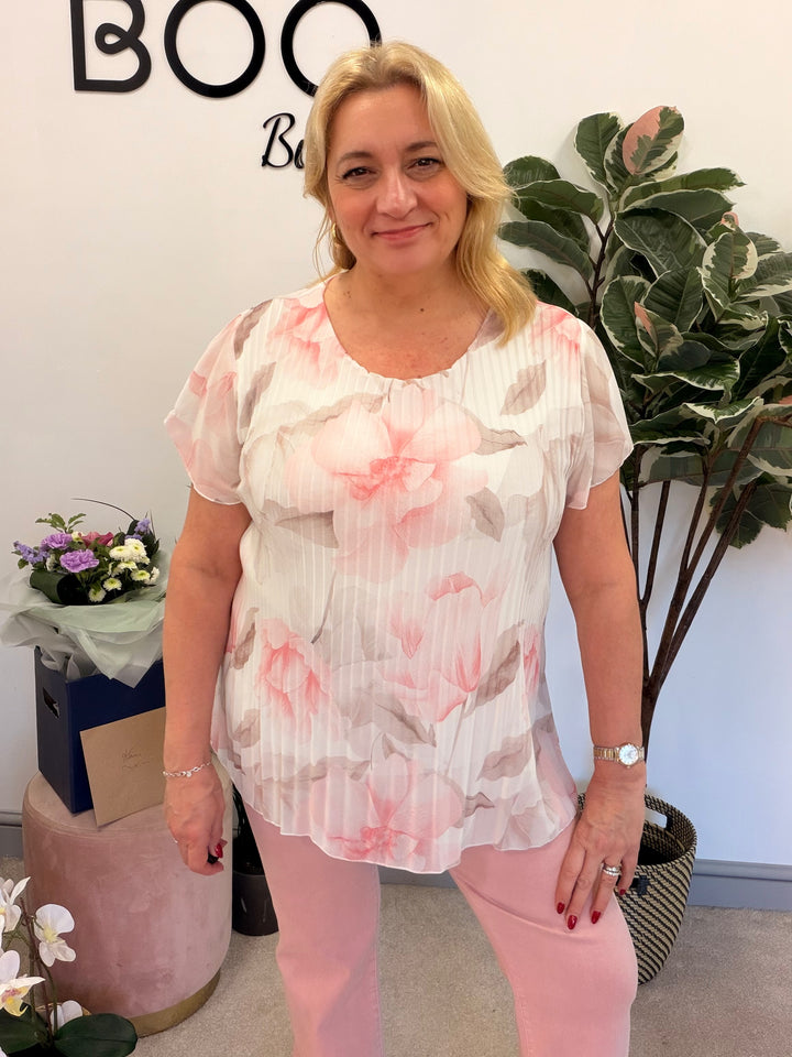 Ladies Fashion Floral Print Pleated Chiffon Blouse Top - pink, white, blue & lemon