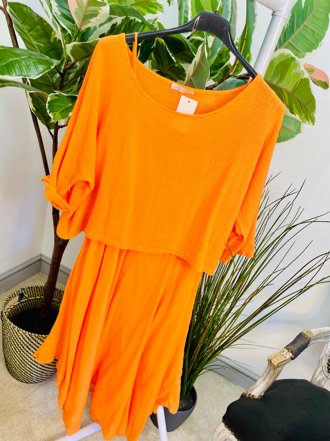 LADIES SUMMER HANKERCHIEF DRESS & CROP TOP SET - ORANGE, WHITE & BEIGE