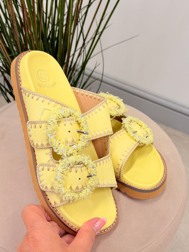 Ladies Fashion Buckle Comfy Moulded Footbed Slider Sandals lemon yellow