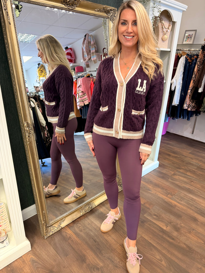 Womens Cable Knit Cricket Cardigan - Cream, Brown, Plum & Black