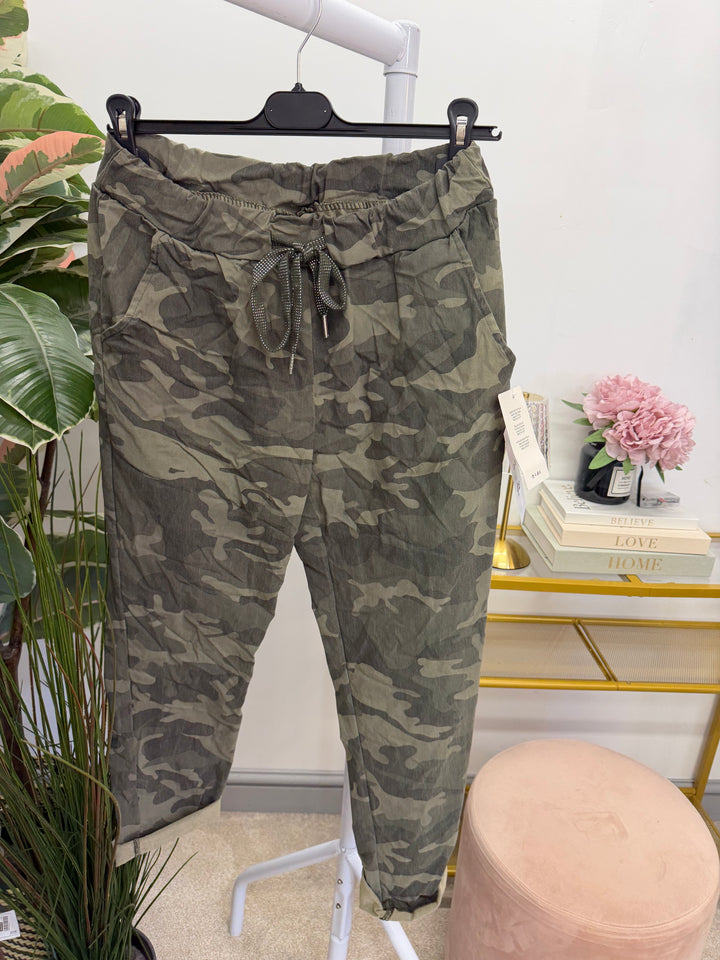 Ladies Fashion Camouflage Stretch Magic Trousers - Brown, Khaki & Grey 