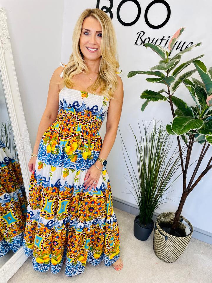 LADIES TROPICAL PRINT SHIRRED BUST SUMMER HOLIDAY MAXI DRESS