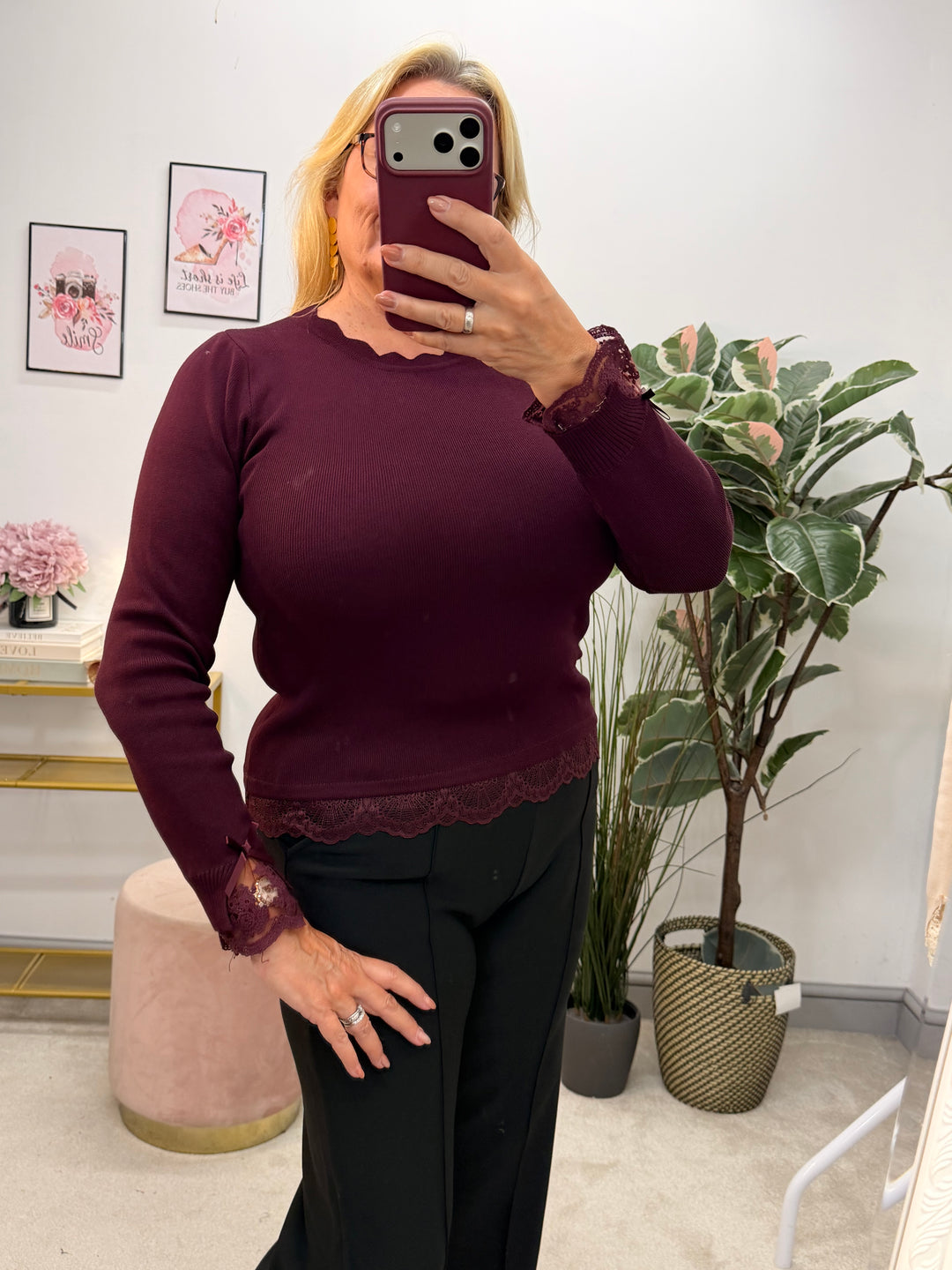 Ladies Fashion Lace Edge Stretch Top Jumper - Camel, Black, Wine & Brown