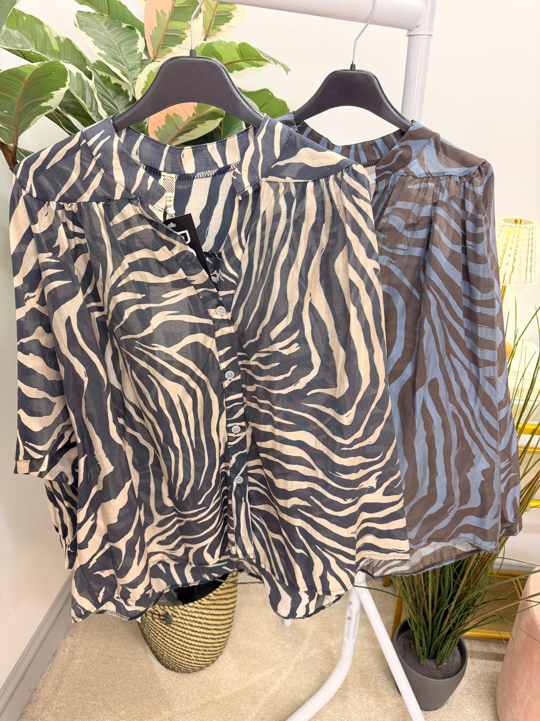 Womens zebra print smock style blouse top - navy & brown