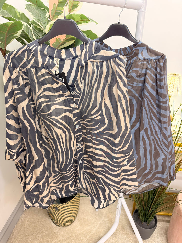 Womens zebra print smock style blouse top - navy & brown