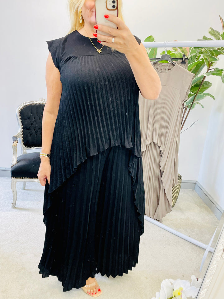 LADIES PLEATED WIDE LEG TROUSER CO ORD SET - BLACK & TAUPE