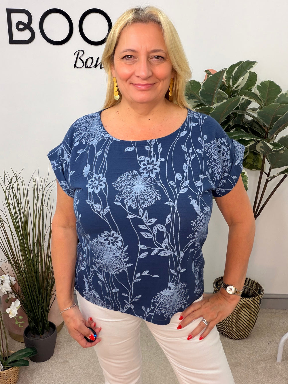 Ladies Light Linen Dandelion Print Top - White, Navy & Pink