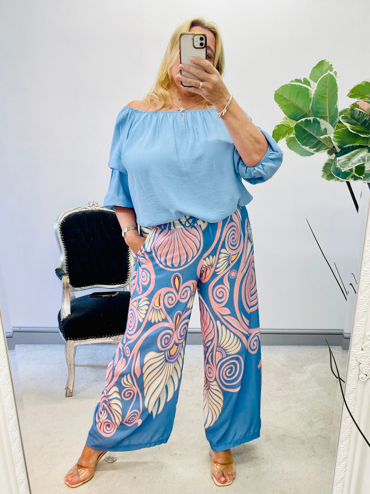 LADIES WOMENS BLUE WIDE LEG PALAZZO PANTS TROUSERS 