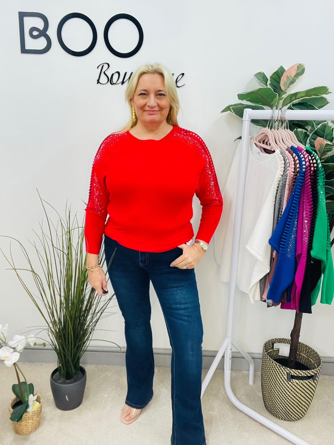 LADIES DIAMANTE BATWING JUMPER RED