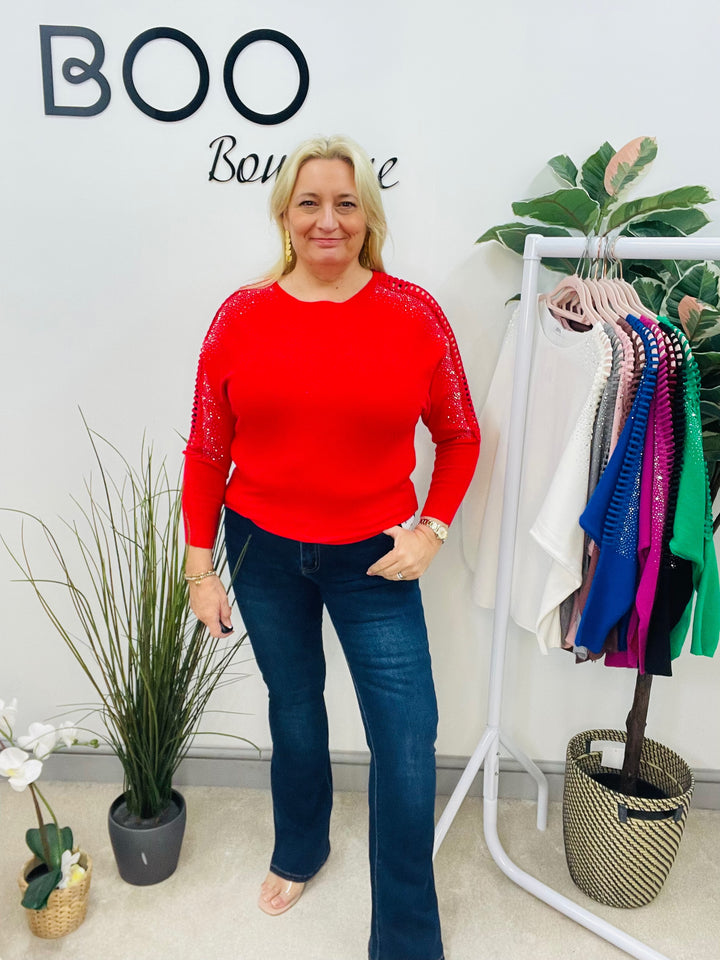 LADIES DIAMANTE BATWING JUMPER RED