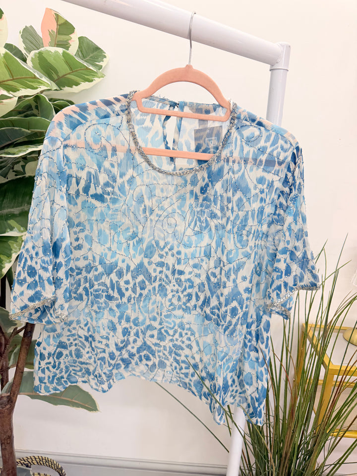 Ladies Fashion Pretty Blue Sequin Chiffon Floaty Top